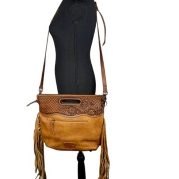 American Darling Tooled Leather Hair on Hide Gold Fringe Crossbody Bag Brown - Picture 3 of 11